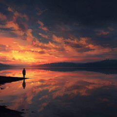 A lone figure stands by a calm lake at sunset, surrounded by fiery orange and deep blue reflections, evoking peace, solitude, and introspection.