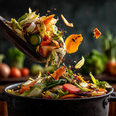 Fresh vegetable peels and slices are tossed into a pot, creating a vibrant explosion of colors and textures, symbolizing healthy cooking and sustainability.
