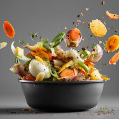 Colorful vegetable scraps flying into a black bowl, symbolizing food waste, composting, and eco-friendly cooking on a gray background.