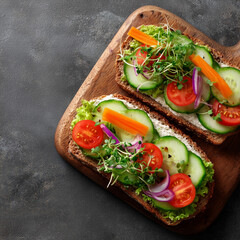 Two slices of whole grain bread topped with cream cheese, fresh cucumber, tomato, carrot, onion, lettuce, and sprouts, served on a wooden board.
