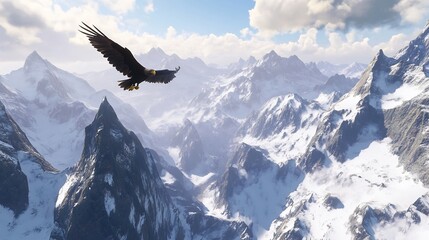 Fototapeta premium Majestic eagle soaring over snow capped mountains with the wind under its wings gliding high above a vast wilderness capturing the essence of freedom