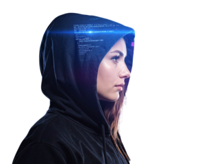  Silhouette of Cyber Hacker Surrounded by Holographic Data, Angled Perspective, isolated on transparent background png