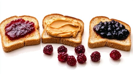 Toast with spreads and berries on white background