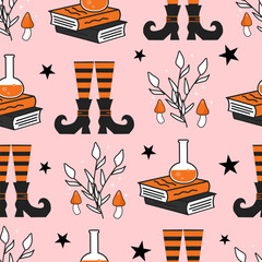 cute hand drawn cartoon halloween seamless vector pattern illustration with witch legs, magic books, plants, mushrooms and stars on pink background