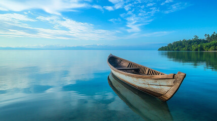Naklejka premium Solitary Wooden Boat on Crystal Clear Tropical Water