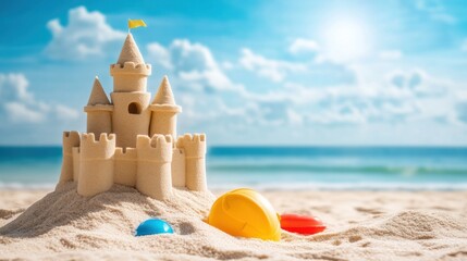 Sandcastle on sunny beach with toys
