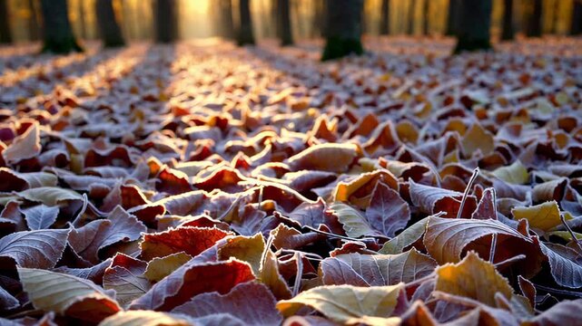 Morning sunlight gently illuminates a forest floor covered in frosty autumn leaves. The scene captures the serene beauty of nature, with golden rays filtering through the trees and shining on the colo
