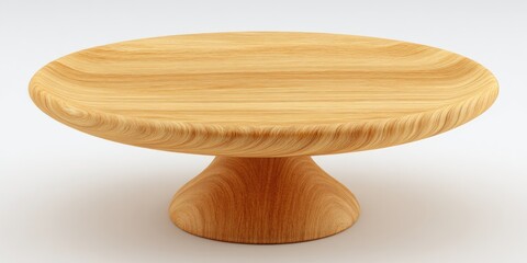 A light beige wooden cake stand with a smooth, rounded pedestal base displays a simple, elegant design.