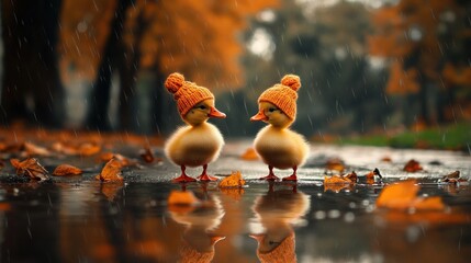 Ducklings in hats autumn rain