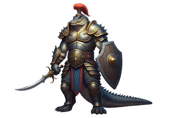 A powerful, armored reptilian warrior stands ready with sword and shield, showcasing detailed design and rich colors.