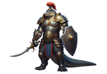 A powerful, armored reptilian warrior stands ready with sword and shield, showcasing detailed design and rich colors.