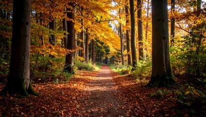 Fototapeta premium Autumnal forest path bathed in golden light