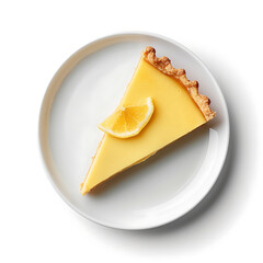 A slice of lemon pie with a lemon wedge garnish on a white plate