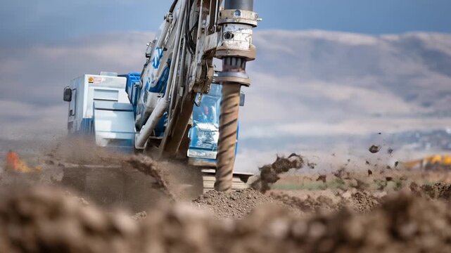 A large drilling machine extracts groundwater from an artesian well, with soil flying as the auger turns, amidst a disturbed construction landscape.