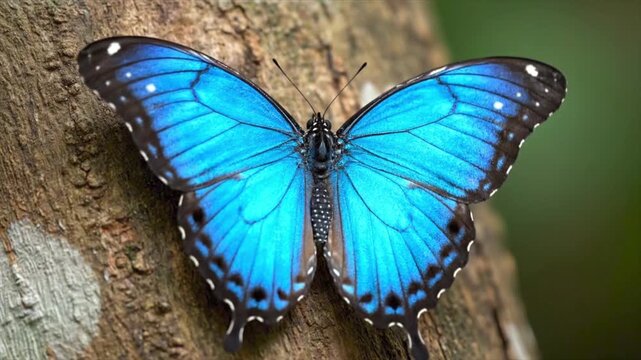 Blue morpho butterfly on rough tree trunk. Suitable for naturethemed designs, educational materials, and environmental campaigns.