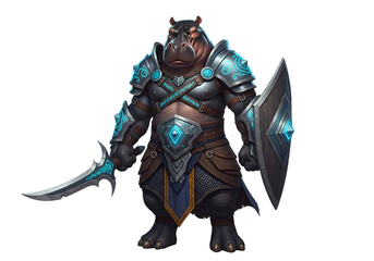 A powerfully armored hippopotamus warrior stands proudly, wielding a stylized blade and shield, showcasing intricate details and vibrant teal accents against a stark black background.