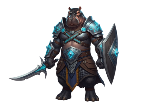 A powerfully armored hippopotamus warrior stands proudly, wielding a stylized blade and shield, showcasing intricate details and vibrant teal accents against a stark black background.