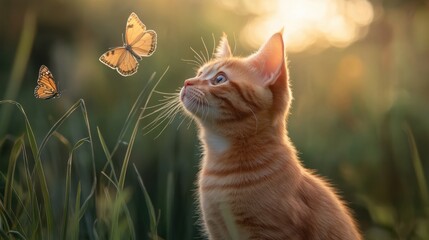 Playful orange kitten sitting in tall grass, watching butterflies dance in sunset glow