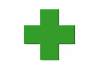 Green cross symbol is isolated on transparent background, representing healthcare, medicine, pharmacy, and first aid services