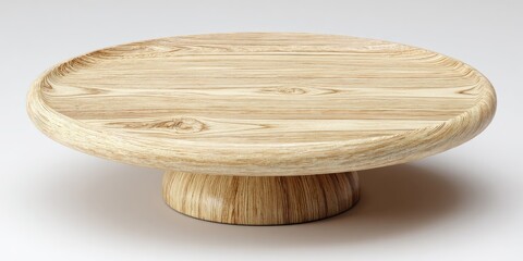 A light beige wooden cake stand with a simple pedestal base displays a smooth, natural grain pattern.