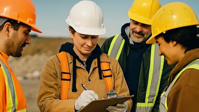 Professional construction team in safety gear collaborating on a project site, reviewing documents on a clipboard outdoors
