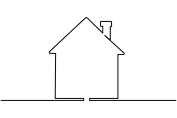 Minimal one line art illustration of a house with chimney and door on white background, perfect for modern design