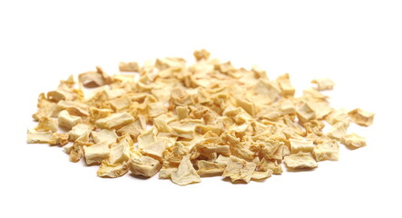 Slices, chopped of dried celery root isolated on white background, side view