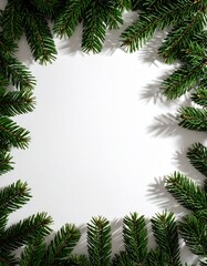 White background with empty copyspace in the center, surrounded by green pine twigs. 