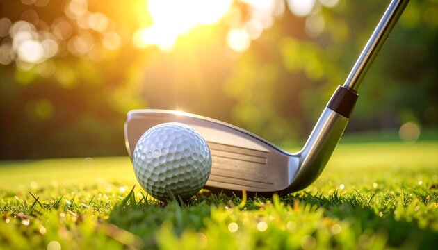 Golf club and ball on green grass during sunset.