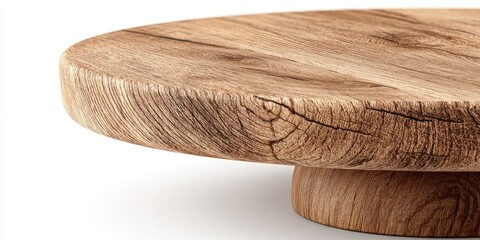 A close-up view of a round wooden serving platter with a substantial pedestal base, showcasing natural wood grain and subtle cracks.
