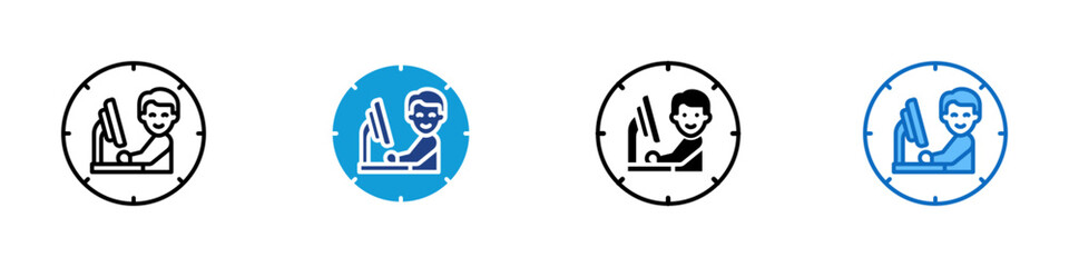 Work Time Multiple Style Icon Design Vector - Person working at computer inside a clock, symbolizing working hours or time tracking
