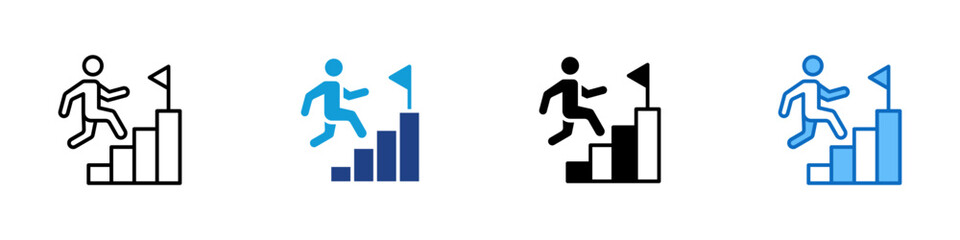 Achievement Multiple Style Icon Design Vector - Person climbing bar chart with a flag, symbolizing success, progress, or goal achievement