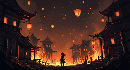 Burning Asian Town Girl Silhouette Sky Lanterns Night Fire