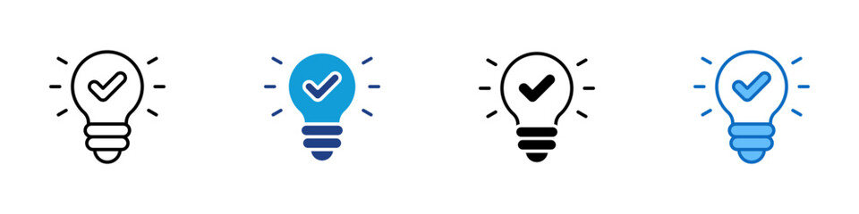 Innovation Multiple Style Icon Design Vector - Light bulb with check mark, symbolizing idea, creativity, or innovation success © sahila