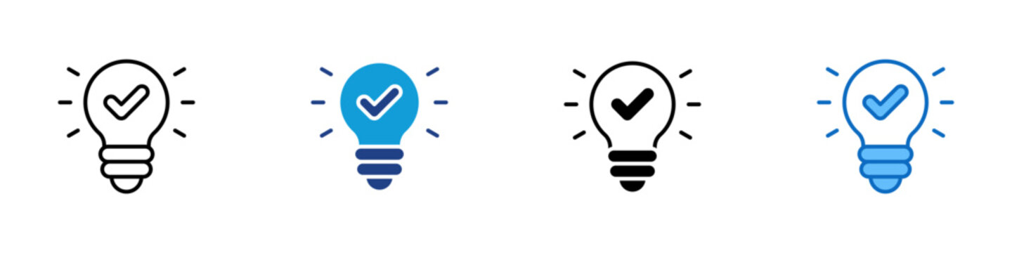 Innovation Multiple Style Icon Design Vector - Light bulb with check mark, symbolizing idea, creativity, or innovation success