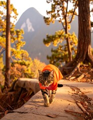 A tabby cat in an orange jacket strolls a mountain path
