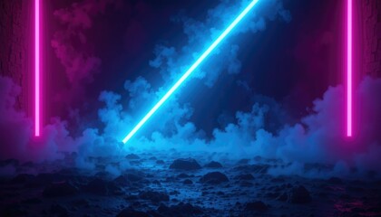 Against a backdrop of contrasting pink and blue atmospheric lighting, a striking diagonal beam of vivid neon blue light slices over a dark, smoky, and textured surface.