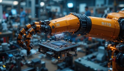 AI is a technical concept that refers to artificial intelligence.  Industry 4.0 automation, deep learning, and machine learning.  A manufacturing robot arm with a CPU chip on a circuit board.  Innovat