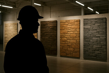 Silhouette of an Architect or Contractor in a Hard Hat Inspecting Stone and Brick Wall Samples in a Showroom