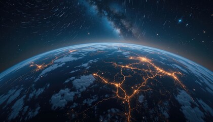 Beautiful evening panorama of Earth with starry skies and lighted towns on several continents.