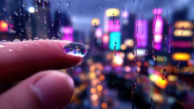 Raindrops streak down a window overlooking a bright neon cityscape below, slightly blurred