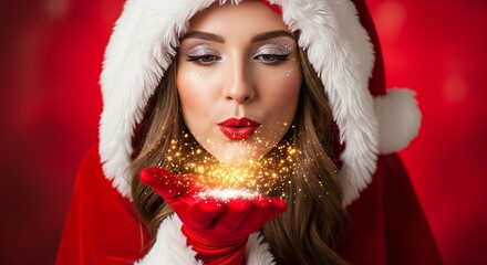 Christmas Santa Girl Blowing Sparkling Snow on Red Background &ndash; Holiday Portrait Stock Photo