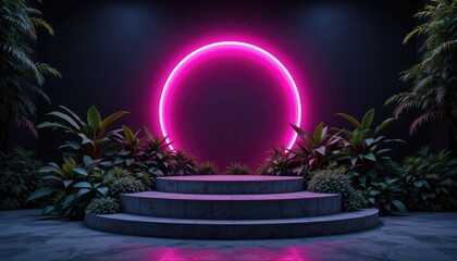 On a dark black background, a bright neon pink circle illuminates a modern two-tiered concrete podium surrounded by lush green greenery.