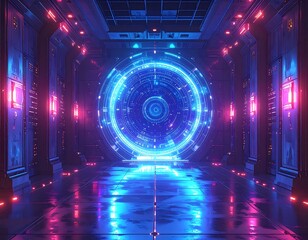 Futuristic corridor with glowing portal