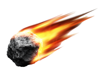 A fiery meteorite is depicted streaking through space, ablaze with intense orange and yellow flames. 