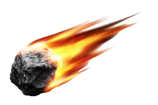 A fiery meteorite is depicted streaking through space, ablaze with intense orange and yellow flames. 