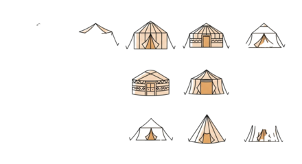 Collection of diverse tent designs showcasing various structures and architectural styles for outdoor living and camping adventures