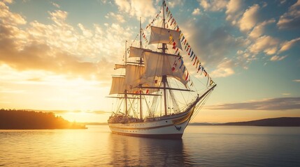 Obraz premium Majestic tall ship in a harbor at sunset with colorful flags and ropes draped across its sails The golden light reflects on the water capturing a nostalgic scene of classic seafaring beauty