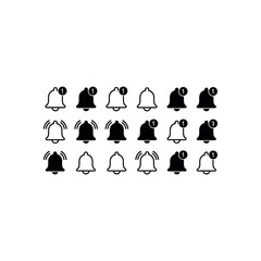 Collection of black and white bell icons with notification badges alert sound