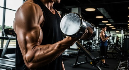 Close-Up of Man Lifting Chrome Dumbbell in Gym with Workout Partner in Background – Strength Training Stock Photo